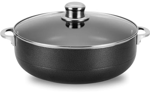 Alpine Cuisine 13-Quart Nonstick Aluminum Caldero Pot with Glass Lid & Riveted Handle | Heavy-Duty Cookware for Large Servings of Stew & Rice | Easy Clean, Black