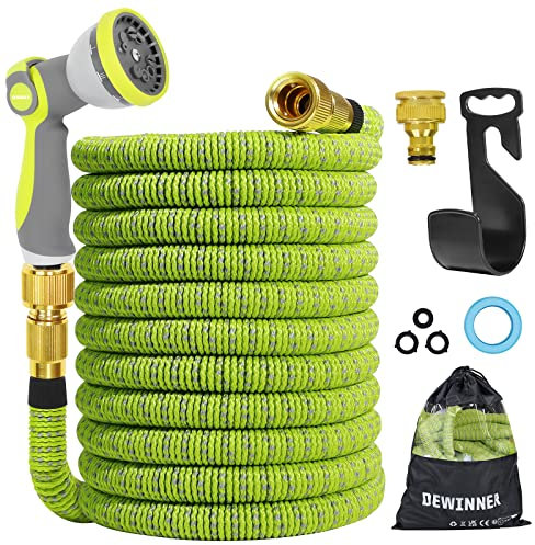 Expandable Garden Hose, DEWINNER 50FT Water Spray Gun Pipe, Garden Water Hose, Includeing 8 Function Spray Gun Nozzle with 3/4''&1/2'' Solid Brass Fitting (50FT, Green)