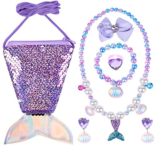 OSDUE 7 Pcs Meerjungfrau Kinder Schmuckset Mädchen, Kinderschmuck mit Pailletten Geldbörse Meerjungfrau, Halsketten, Ohrringe, Armbänder, Ringe, Haarspange, Geschenke für Mädchen