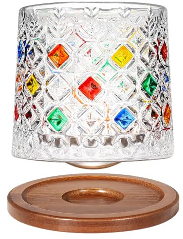Uten Vaso de Whisky de Cristal, 275 ml/10 oz Vaso de Agua Giratorio, Posavasos de Bambú, Tacto Grueso, Adecuado para Beber Ron, Brandy, Cócteles, Café, Jugo, Relajarse y Descomprimir, 1 Pieza