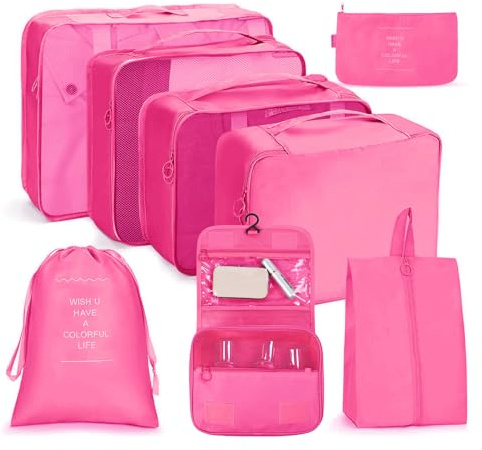 OSDUE Packing Cubes for Suitcases, 8 PCS Travel Luggage Packing Organizers Waterproof Travel Essentials Bag Accessories, Clothes Shoes Cosmetics Toiletries Storage Bags, Rose Red