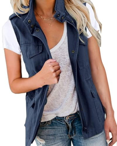 Imily Bela Damen Cargo Weste Ärmellos Übergangs Parka Jacke Kurz Mit Taschen und KordelzugFrühling Sommer Weste Oberbekleidung（Marineblau,S）