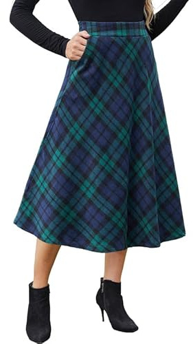Alaster Queen Gonna da donna a quadri, lunga, a vita alta, elasticizzata, con tasche, ideale per l'inverno, Verde, L
