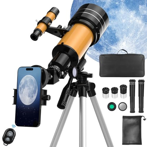 Teleskop Astronomie, 70/400mm Teleskop für Kinder & Einsteiger & Erwachsene, Teleskop Astronomisches Linsenteleskop mit Stativ, Mondfilter, Handy-Adapter, zur Beobachtung von Planeten & Mond(20x-200x)