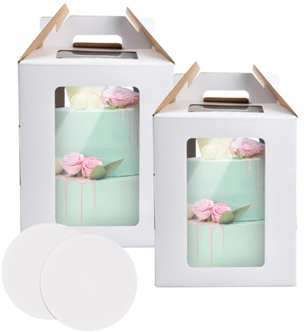 YILANJIN 2pcs Cake Boxes With 2 Boards, 10 * 10 * 12 Inches, Tall Carrier With Window, Packaging, Gift Box, Bakery Box With Handle, Sturdy for Wedding Party