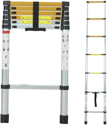 ANDIARBEIT Höhenangst Teleskopleiter aus Aluminium, kompakt & faltbar, max. Belastbarkeit 150 kg, rutschfeste Sprossen & gummierte Füße, für Haus & Garten (2,6 m)