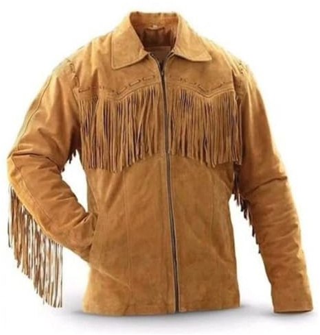 Rumble Products Traditionell cowboy western jacka för män | brun indianmocka läderjacka med fransar tofsar