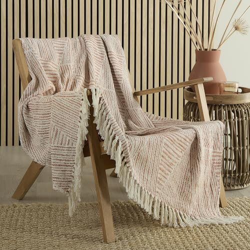 Appletree Terracotta Geometric Throw 180 x 130cm – 100% Cotton – Textured Knit Blanket with Tassels – Orange Sofa Throw – Woven Decorative Blanket for Bed, Chair & Living Room