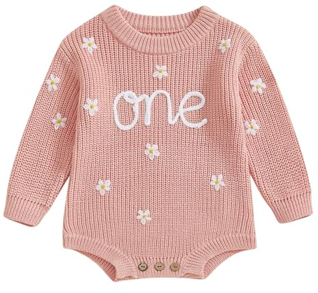 Geagodelia Infant Baby Boy Girl 1st Birthday Knit Romper Knitted Bodysuits Long Sleeve Letter Floral Embroidery Jumpsuit Pageant Baptism Warm Jumper Overalls Chunky Knitwear (Pink, 12-18 Months)