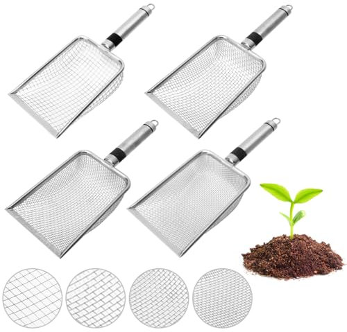 MIUUIPI 4 filtri da giardino in acciaio inox, colino da giardino, colino per compost con manico, colino da giardino, setaccio per sabbia (maglia 2/2,8/3,8/5 mm), inserti per colino per terra, compost