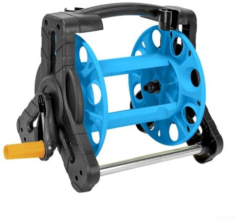 Support de rangement pour tuyau d'arrosage de 20 m avec cadre en acier à poser ou à fixer au mur, bleu, jaune (bleu)