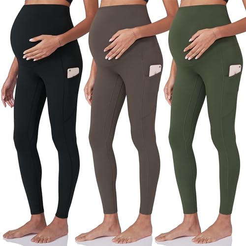 POSHDIVAH 3 Pack Women's Maternity Workout Leggings Over The Belly Pregnancy Yoga Pants with Pockets, 3 Pack Black Brown Green, XL