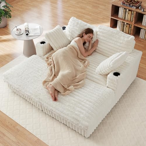 63'' Plush Faux Rabbit Fur Chaise Loveseat with Charging Station & Cup Holder and Pillows, Upholstered Corduroy Chaise Loveseat Sofa Recliner Longue Indoor Couch for Living Room, Bedroom, White