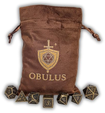 OBULUS Set med 7 polyhedrala tärningar RPG (D4-D6-D8-D10-D12-D20-D%) - metallspeltärningar med sammetspåse - DND-tillbehör, pathfinder, JDR, bordsspel