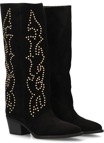 Botte haute Cowboy avec tige haute et clous pour femme. Talon moyen et confortable. Style campagne, imprimé uni, fermeture à glissière, idéale pour l'hiver automne., Noir , 39 EU