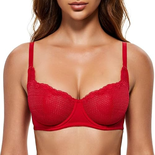 Wingslove Reggiseno con Ferretto in Pizzo Reggiseno Trasparente da Donna Reggiseno a Balconcino Rosso Lava 3C