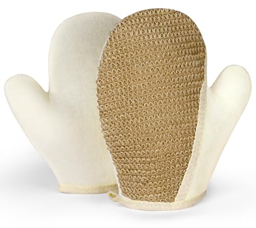 LOPHE Guantes Exfoliantes de Yute, 2pcs Manopla Exfoliante para Hombres y Mujeres, Guantes de Ducha con Fibras Vegetales, Exfoliating Glove para Spa,Masaje y Eliminar La Piel Muerta (Pulgar Inclinado)