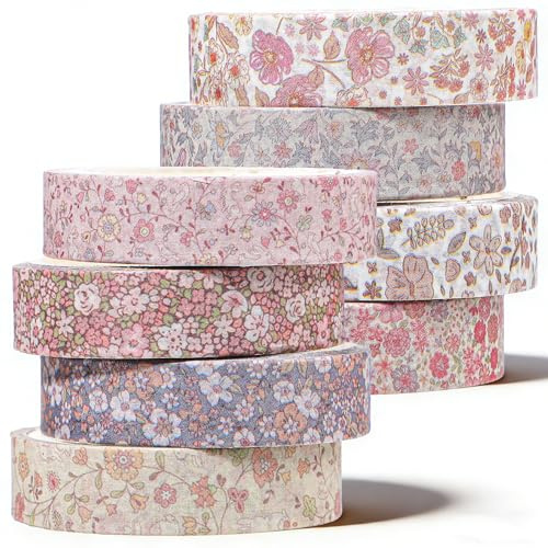 DOPENSPI Lot de 8 rouleaux de ruban adhésif Sakura Washi, style vintage, pour journaux, scrapbooking, artisanat, planificateurs, emballages cadeaux, emballage cadeau, 8 rouleaux