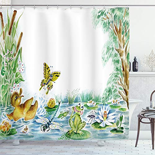 Ambesonne Duck Shower Curtain, Butterfly Duckling and Frog Playing Together on Pond Flowers Trees Dragonfly, Cloth Fabric Bathroom Decor Set with Hooks, 69 W x 70 L, Green Brown