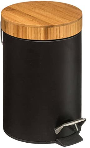 5 five simply smart 5five - Poubelle à Pédale Naturéo Noire 3L - Métal, Couvercle Bambou, Seau Amovible - pour Salle de Bain, WC, Bureau