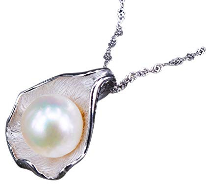 NicoWerk PKE137 - Collar para mujer de plata 925 con colgante, perlas cultivadas blancas auténticas, Plata esterlina, Perla