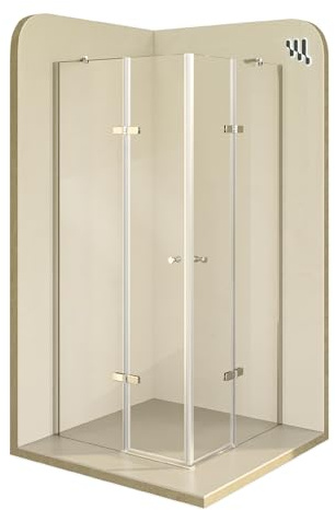 MOMENTS OF GLASS Mampara de Ducha Alice #19-90x105x190 cm - Cabina con Apertura de Puerta Plegable, Perfiles Cromados, 2 Barras Fijas, Vidrio Templado de Seguridad Transparente ESG 6MM