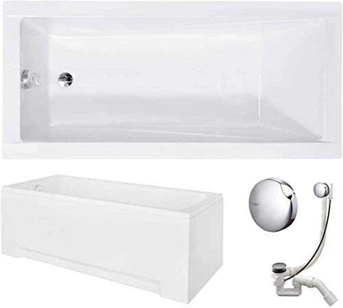 VBChome baignoire 150x70 cm acrylique SET tablier 3 parties siphon acrylique baignoire rectangle blanc design moderne bain pieds bonde chrome simplex