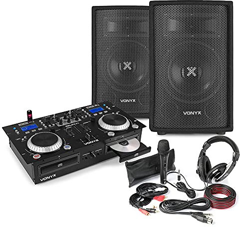 DJ package with dual 8 passive speakers, twin CD mixer with built-in 200W amplifier, wired microphone, headphones, and all required cables