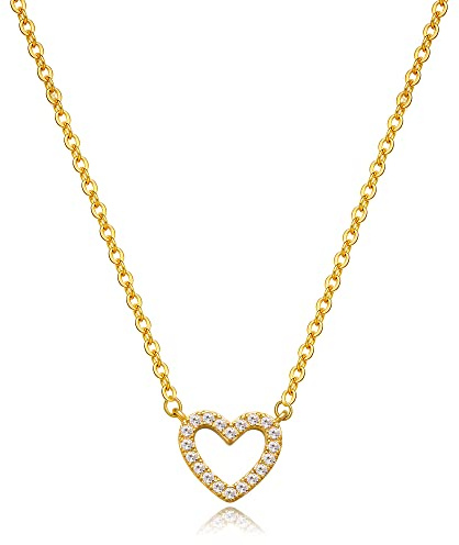 Tewiky Collier ras du cou mignon en forme de cœur en or 14 carats avec pendentif en forme de cœur ouvert pour femme - Collier délicat en or - Cadeau pour elle, Métal, Zircone cubique