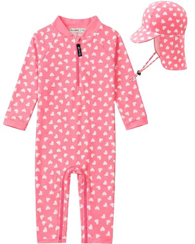 weVSwe Baby Girl Swimming Costume UV Protection One Ppiece with Toddler Sun Hat Flap Cap Pink Heart 6-12 Months