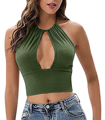 KOEMCY Camiseta Tirantes Mujer Tank Top Camisola Verano Cuello Halter Diseño Acanalado sin Mangas Blusa Crop Top Elegante Ropa Deportiva Tops Casuales