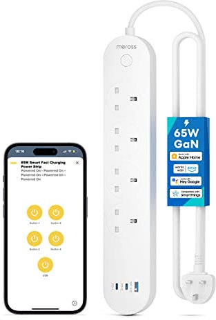 Meross Smart Power Strip, 65W GaN Fast Charger, 4 Outlet + 2 USB C + 1 USB A, WiFi Plug with 2 PD Ports, Support Apple HomeKit, Alexa, Google Home and SmartThings, Voice/Remote Control, 2.4GHz Only