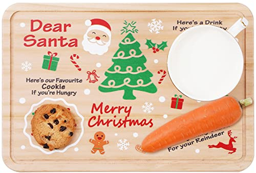 AnyDesign Santa Wooden Treat Plate - Rectangle Xmas Eve Milk & Cookie Tray for Christmas Decoration Supplies