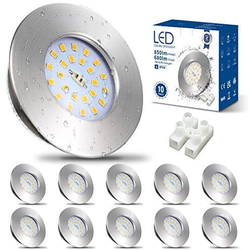 HiBay Spot LED Encastrable Extra plat 7W,10x Spot Salle de Bain IP44,Blanc Neutre 4500K,Trou 60-68mm,Plafonnier Encastré Inox Brossé 220V 850lm Pour Cuisine Salon