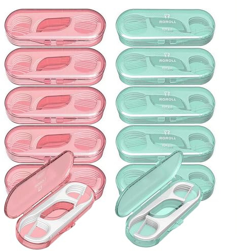 12 Packs Holy Rose Travel Dental Floss Case, Portable Flossers Picks, Flossing ToothPicks 120 Count, Floss Sticks Sealed Storage (Green+Pink)