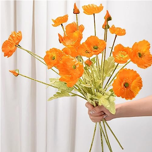 OUKEYI 6 st konstgjorda konstgjorda vallmo falska blommor heminredning, falsk vallmo blomma mittpunkt. Konstgjorda växter, korallblomsterarrangemang. Silkesblommor för dekoration (orange)
