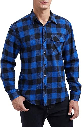 HISDERN Men's Long Sleeve Casual Plaid Flannel Shirt Checked Tartan Button Down Shirts for Men Blue S