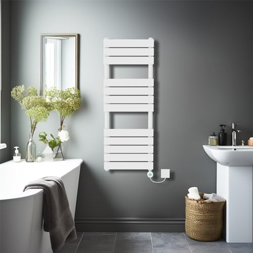 NRG 1200×450mm Gloss White Flat Panel Towel Rail Radiator, WiFi LCD Element