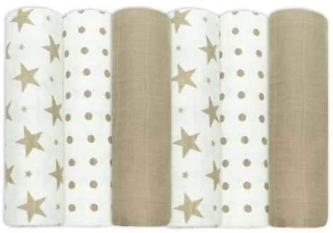 MuslinZ 6 panni quadrati in mussola per bambini, per allattamento, 70 x 70 cm, 100% puro cotone, assorbenti e traspiranti (tortora)