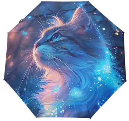 GAIREG Rainy Day Regenschirm mit Katzen-Motiv, faltbar, automatisches Öffnen und Schließen, kompakt, winddicht, Blau