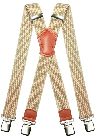 JEMYGINS Bretelle da uomo larghe 3,8 cm con 4 clip in metallo resistenti, taglia unica, regolabili ed elastici, stile X per uomini e donne, beige, M