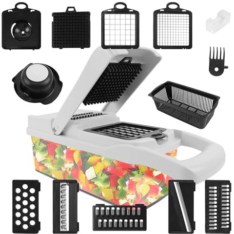 Filltown Coupe-légumes multifonction 15 en 1, 7 cubes interchangeables en acier inoxydable pour hacher, couper et couper en dés sans effort (avec couvercle et panier à tamis)