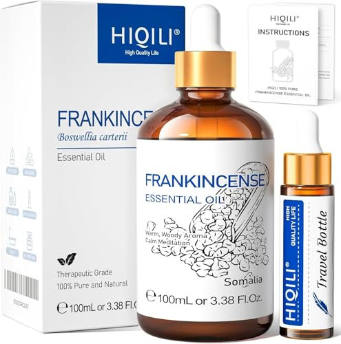 HIQILI Huile Essentielle Encens 100ml, 100% Pure, pour Diffuseur, Peau, Relaxation, Massage, Méditation, Avec Flacon de Voyage de 10ml
