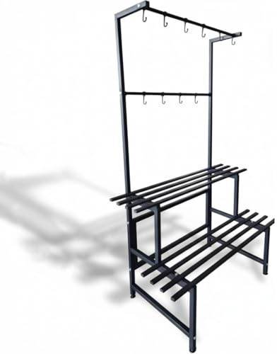 MAKA Porta Piante da Interno ed Esterno in Metallo, Mensola per Piante a più Livelli, Piedistallo per Piante, Porta Vasi da Balcone, Portata MAX 30 Kg, Piedini Regolabili (2 ripiani 120cm + ganci)