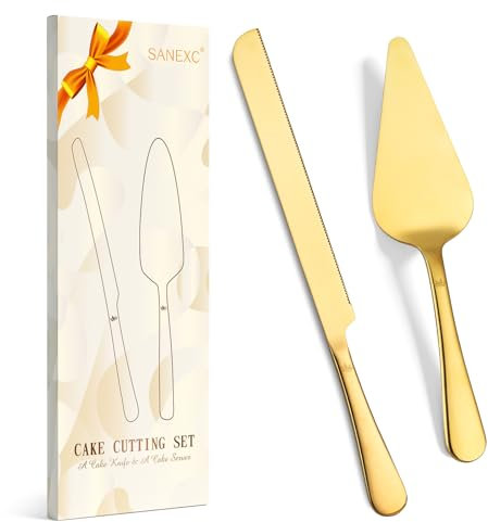 SANEXC Cake Cutting Set for Wedding - Extended Cake Knife And Server Set Thickened Stainless Steel Cake Cutter and Pie Spatula Great for Birthday Anniversary Christmas Gift Gold 2 Pcs