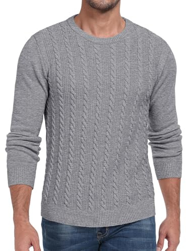 Hisir Mens Cable Knit Jumper UK Thick Crew Neck Pullover Winter Warm Long Sleeve Sweater (Light Grey, M)