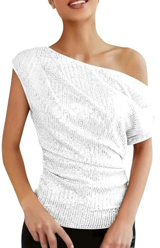 Top da donna con paillettes scintillanti monospalla increspato glitter top scintillante camicie eleganti da sera per feste, bianco, L