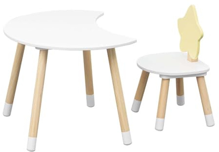 Rebecca Mobili Set Tavolino e Sedia per Cameretta, Tavolo da Gioco con Seduta, Bianco Acqua Marrone, MDF Pino, per Bambini, 2 Pezzi - Misure: 44 x 60 x 40 cm / 51 x 27,5 x 30 cm - Art. RE7140