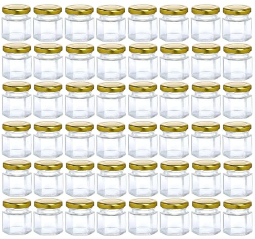 ATEK Barattoli esagonali in vetro, 45 ml, con coperchio ermetico in metallo, piccoli barattoli dorati per conservanti, sottaceti, marmellate, artigianato, miele, spezie e altro (48 pezzi)