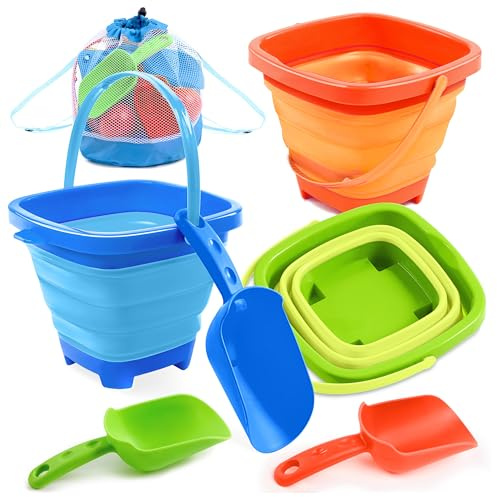 Sloosh Lot de 3 jouets de sable pliables – Seau à eau carré pliable en silicone avec 3 pelles pour jeu de sable, fête en été, jouets portables pour enfants, plage, voyage (orange/bleu/vert)